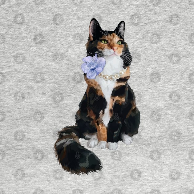 Glamorous Longhair Calico Cat with Pearls by CarleahUnique